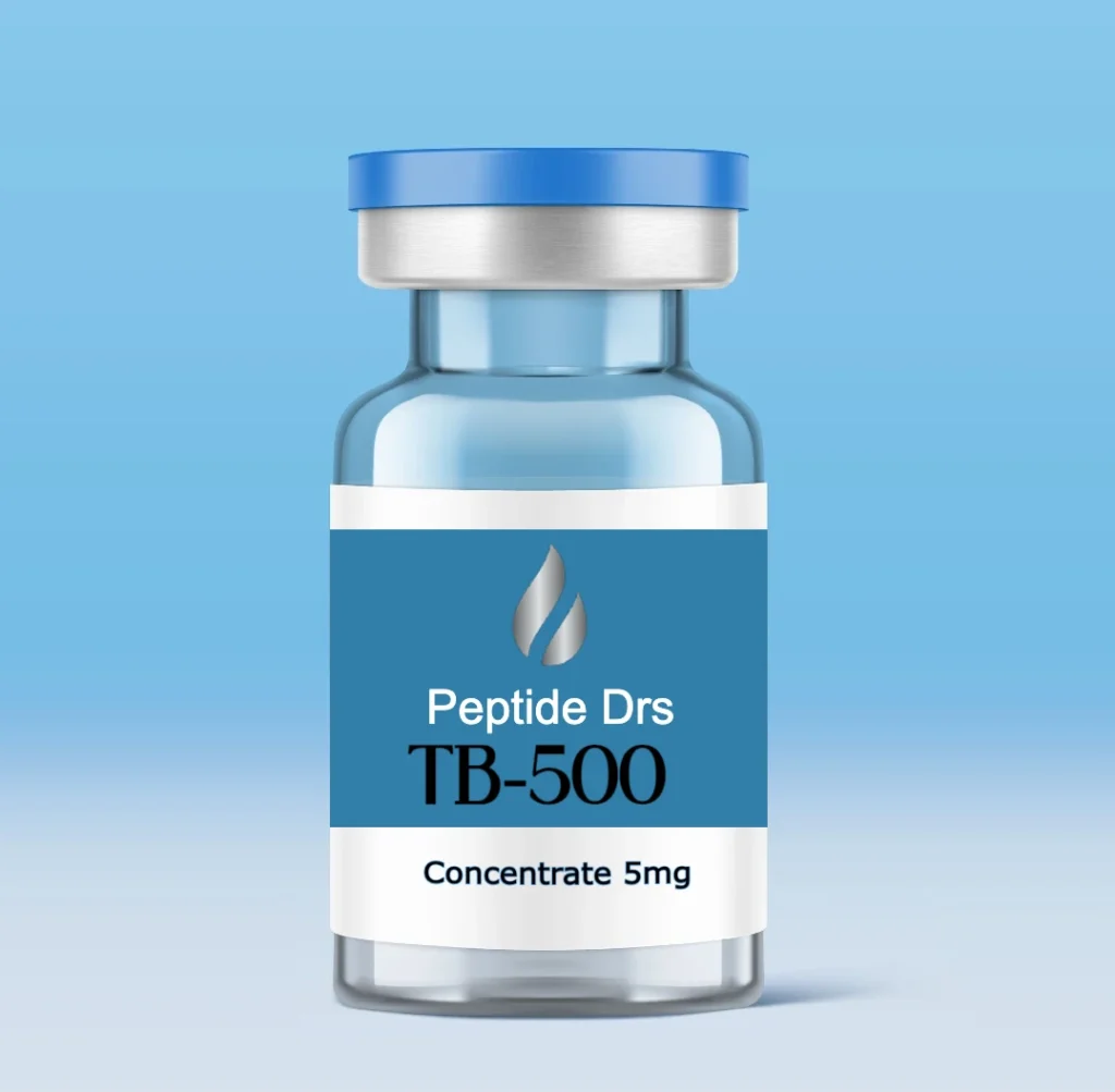 A small, clear vial with a blue cap contains TB-500 peptide concentrate at 5mg. The label reads "Peptide Drs TB-500 Concentrate 5mg" and features a silver droplet logo on a blue background. The vial is set against a gradient blue background.